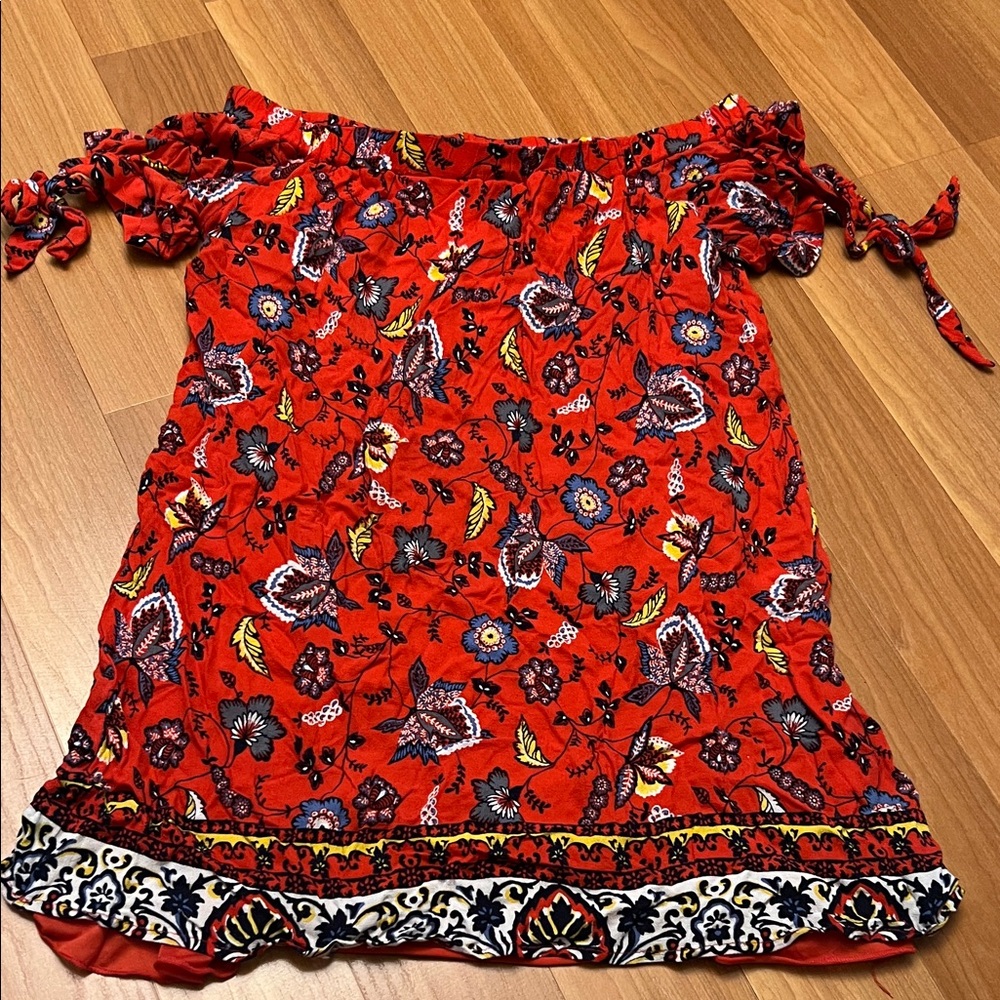 Floral Red women mini resort wear small off shoulder dress